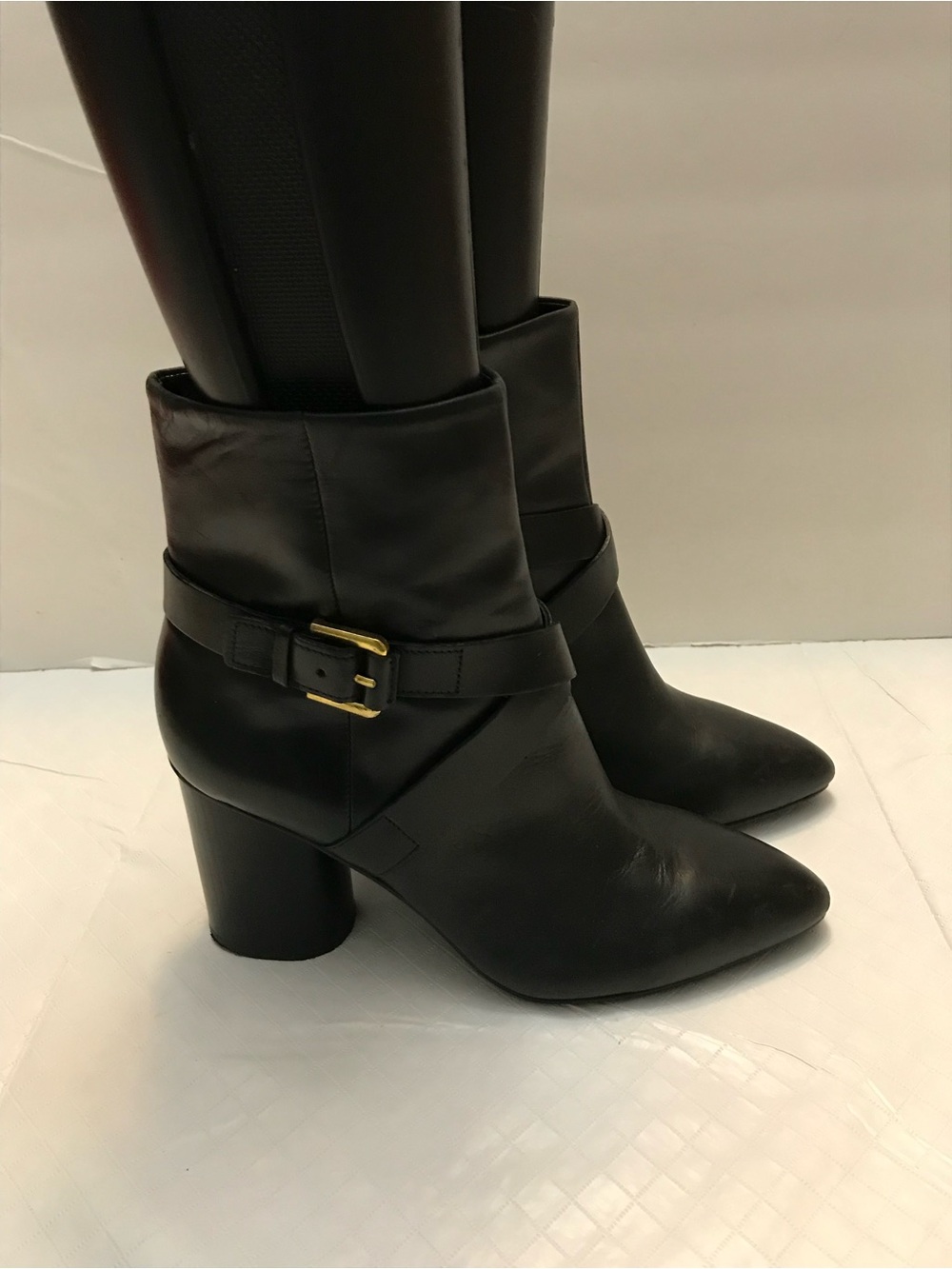 Nine West Black Leather Mid-Calf Block Heel Boots with Buckle